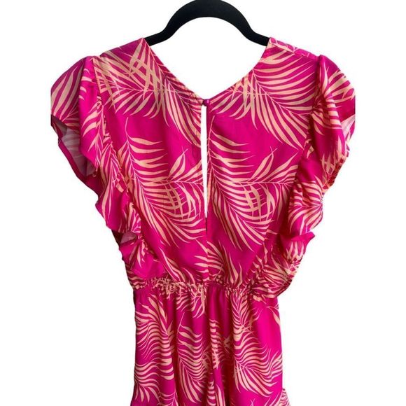 Women’s Pink Palm Leaf Print Deep V-Neck Flutter Sleeve Romper- Size Small - Picture 8 of 16